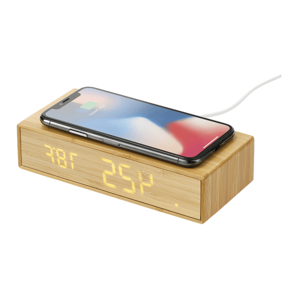 Custom Logo Bamboo Charging Desk Clock